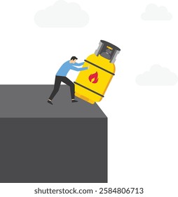 Businessman pushes gas cylinder off cliff into abyss. Modern flat vector illustration.

