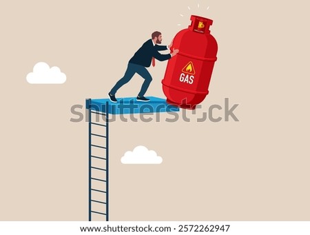 Businessman pushes gas cylinder off cliff into abyss. Modern flat vector illustration.