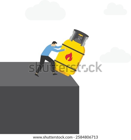 Businessman pushes gas cylinder off cliff into abyss. Modern flat vector illustration.

