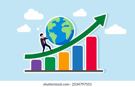 A businessman pushes a globe up a trending graph, illustrating business performance rising by following global business trends  