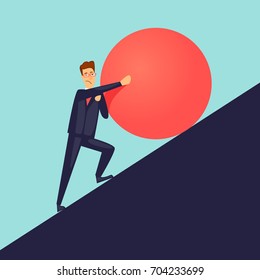 Businessman pushes up a mountain stone. Flat design vector illustration.