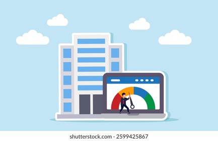A businessman pushes a needle on an indicator displayed on a laptop screen in front of a company building, illustration of effort and trigger in improving business performance