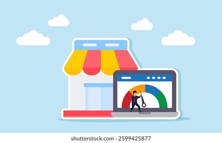 A businessman pushes a needle on an indicator displayed on a laptop screen in front of a store, illustration of effort and trigger in improving marketplace business performance