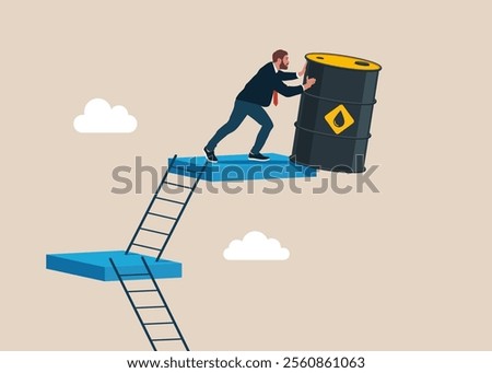 Businessman pushes oil barrel off cliff into abyss. Modern flat vector illustration.