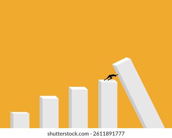 Businessman pushes to prevent bar chart from collapsing, helps to get out of crisis