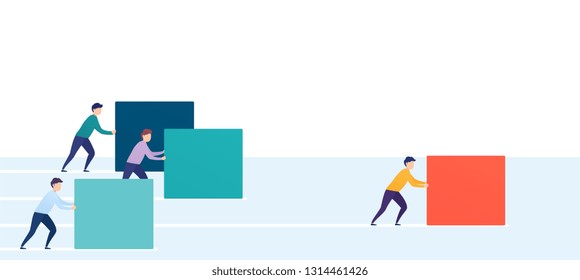 Businessman pushes a red cube or box, overtaking competitors. Concept of winning strategy, business efficiency, leadership.