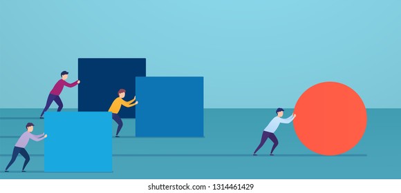 Businessman pushes red sphere, overtaking competitors. Concept of winning strategy, business efficiency, leadership. - Shutterstock ID 1314461429