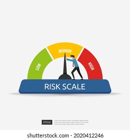 Businessman pushes risk scale arrow gauge indicator concept vector illustration.