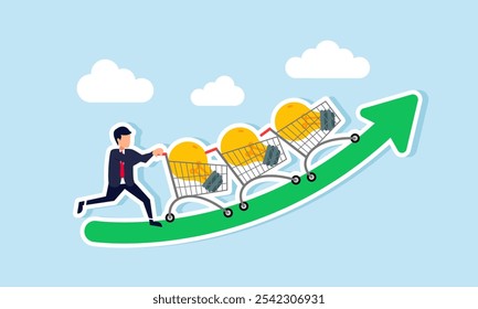 A businessman pushes a row of shopping carts filled with lights on a rising green chart, illustration of provide input on business ideas for business growth and improvement