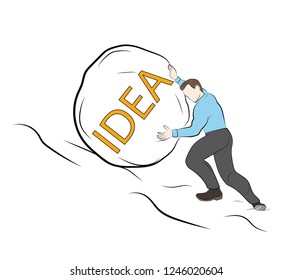 businessman pushes a stone up. inscription on stone IDEA. vector illustration.