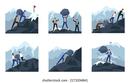 businessman pushes stones. active business managers highway concept illustrations. Vector templates set