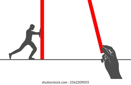 Businessman pushing abstract red line. Hard work. Struggle and strain. Business and politic concept