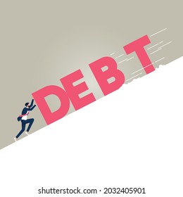 Businessman pushing against huge text spelled debt on slope. Conceptual vector illustration for metaphor financial obligations