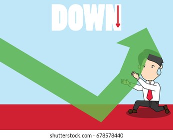 Businessman pushing arrow on graph for growth. Funny vector concept.