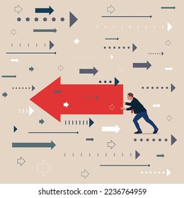 Businessman pushing arrow in opposite direction. Flat modern vector illustration.