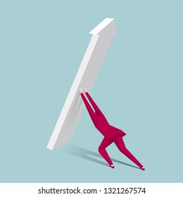 Businessman pushing arrow symbol. Isolated on blue background.