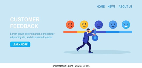 Businessman Pushing Arrow to Vote for Product and Services Quality. Customer Satisfaction Surveys with Emotions Icons, Emoji. Client Rating and Feedback. Evaluation of User Experience