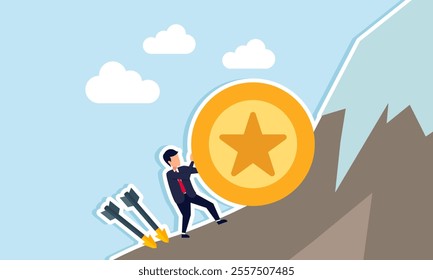 Businessman pushing an award medal up a mountain with two arrows threatening from behind, illustration of securing and improving business performance despite many business threats