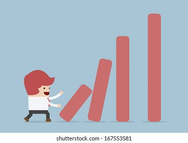 Businessman pushing bar graph, Dominoes effect concept, VECTOR, EPS10