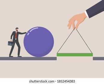Businessman pushing the big ball, Big hands help connect the bridge to help the businessman reach the goal. 