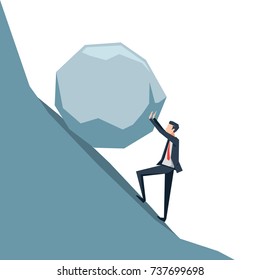 the businessman pushing a big boulder to the top
