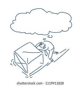 empresario empujando la burbuja de caja grande el concepto de trabajo duro sobre el boceto de fondo blanco doodle ilustración vector