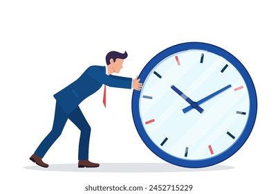 Businessman pushing big clock. Business man rushing hurry to get on time. Overwork, deadline, investment, savings, future income, money benefit. Time is money. Vector illustration in flat style.