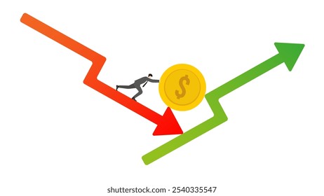 A businessman pushing a big coin upward from a red arrow graph down to a green arrow graph rising. Concepts of business, financial growth, economic strategy, investment success, and wealth management.
