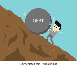 Businessman Pushing Big Debt Stone Rolling Up To The  Mountain Cartoon Vector