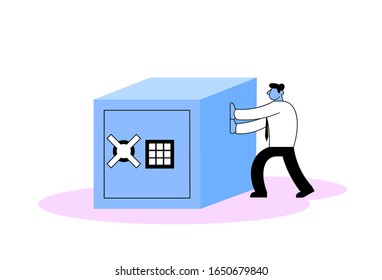 Businessman pushing big safe box. Cartoon flat vector illustration. Isolated on white background.