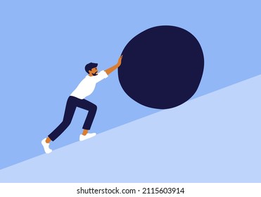 Businessman pushing big stone up hill. Business start up difficulty, work struggle or effort. Man pull heavy rock boulder. Debt, job task problem, office hardship. Hard way to top. Vector illustration