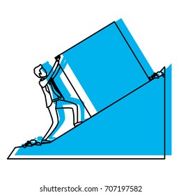 businessman pushing a block over rock landscape blue watercolor silhouette vector illustration