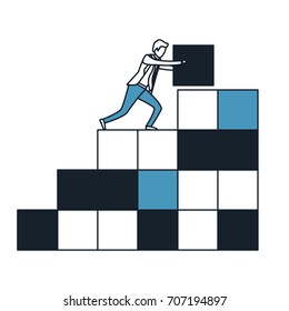 businessman pushing a block in structure of bricks in color blue sections silhouette vector illustration