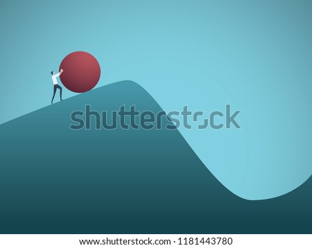 Businessman pushing boulder uphill vector concept of Sisyphus. Symbol of hard work, futile effort, strength, struggle, challenge but also motivation and ambition. Eps10 vector illustration.