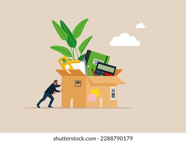 Businessman pushing box with office supplies. Beginning of business career. Welcome employee. Vector illustration in flat style.