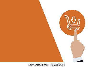 Businessman pushing button cart logo Icon. Business for Profit, Benefit, viral, Development and growth, ads, concepts. Represented by a e-commerce shopping cart Icon with copy space.