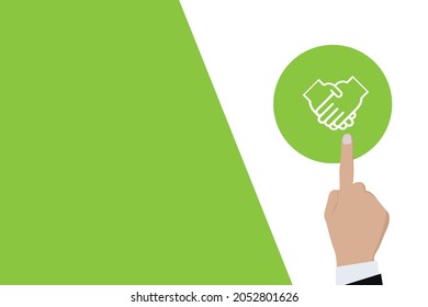 Businessman pushing button deal hand logo Icon. Business for Profit, Benefit, viral, Development and growth, ads, concepts. Represented by a deal hand Icon with copy space.