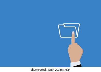 Empresario pulsando el botón Icono de carpeta. Negocio para beneficio, beneficio, viral, desarrollo y crecimiento, anuncios, conceptos. Representado por un icono de carpeta con espacio de copia.