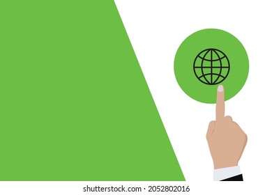 Geschäftsmann drücken Button Globus Logo Symbol. Business for Profit, Benefit, virale, Entwicklung und Wachstum, Anzeigen, Konzepte. Wird durch ein Web-Symbol mit Kopienraum dargestellt.