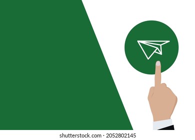 Businessman pushing button plane logo Icon. Business for Profit, Benefit, viral, Development and growth, ads, concepts. Represented by a plane Icon with copy space.