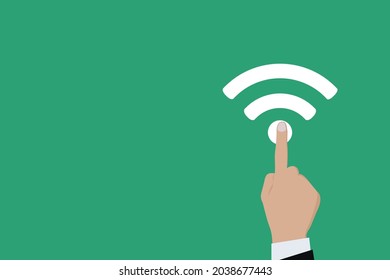 Empresario pulsando el botón Icono WiFi. Negocio para beneficio, beneficio, viral, desarrollo y crecimiento, anuncios, conceptos. Representado por un icono wifi con espacio de copia.