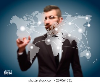 Businessman pushing button worldmap global communication. Blur vector background