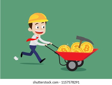 Businessman pushing carts containing Bitcoins, Cryptocurrency concept, Cartoon vector illustration