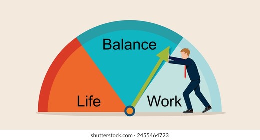 Businessman pushing clock arrow with Work life balance concept.Man choose between leisure and business, family and money, job and house, career and relax, vector illustration.