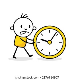 Businessman pushing a clock on white background. Hand drawn doodle man. Vector stock illustration.