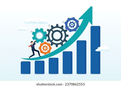 Businessman pushing cogwheels up on rising improvement graph diagram, process improvement, efficiency to increase productivity, optimization, raising performance, quality or progress (Vector)