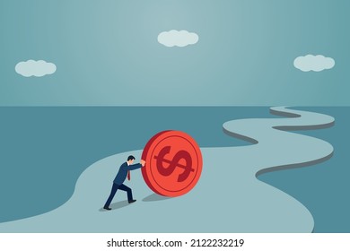 Businessman Pushing The Coin Along The Curvy Road