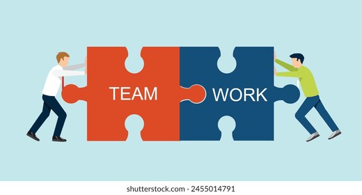 Businessman pushing to combine jigsaw puzzle, combined two pieces symbol of collaboration cooperation partnership, business concept metaphor teamwork connecting puzzle elements, vector illustration.