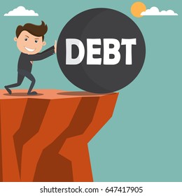 Businessman pushing debt on the cliffs - Vector illustration