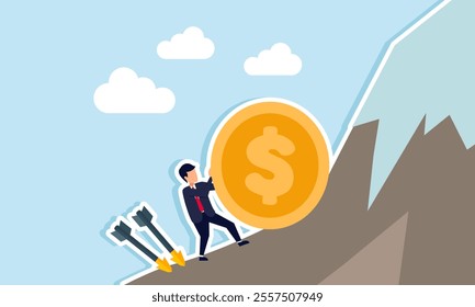 Businessman pushing a dollar coin up a mountain with two arrows threatening from behind, illustration of securing company's financial assets despite many business threats